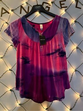 Tie-Dye Scoop Neck Short Sleeve Top in Pink & Purple 18↔️32↕️ #1800